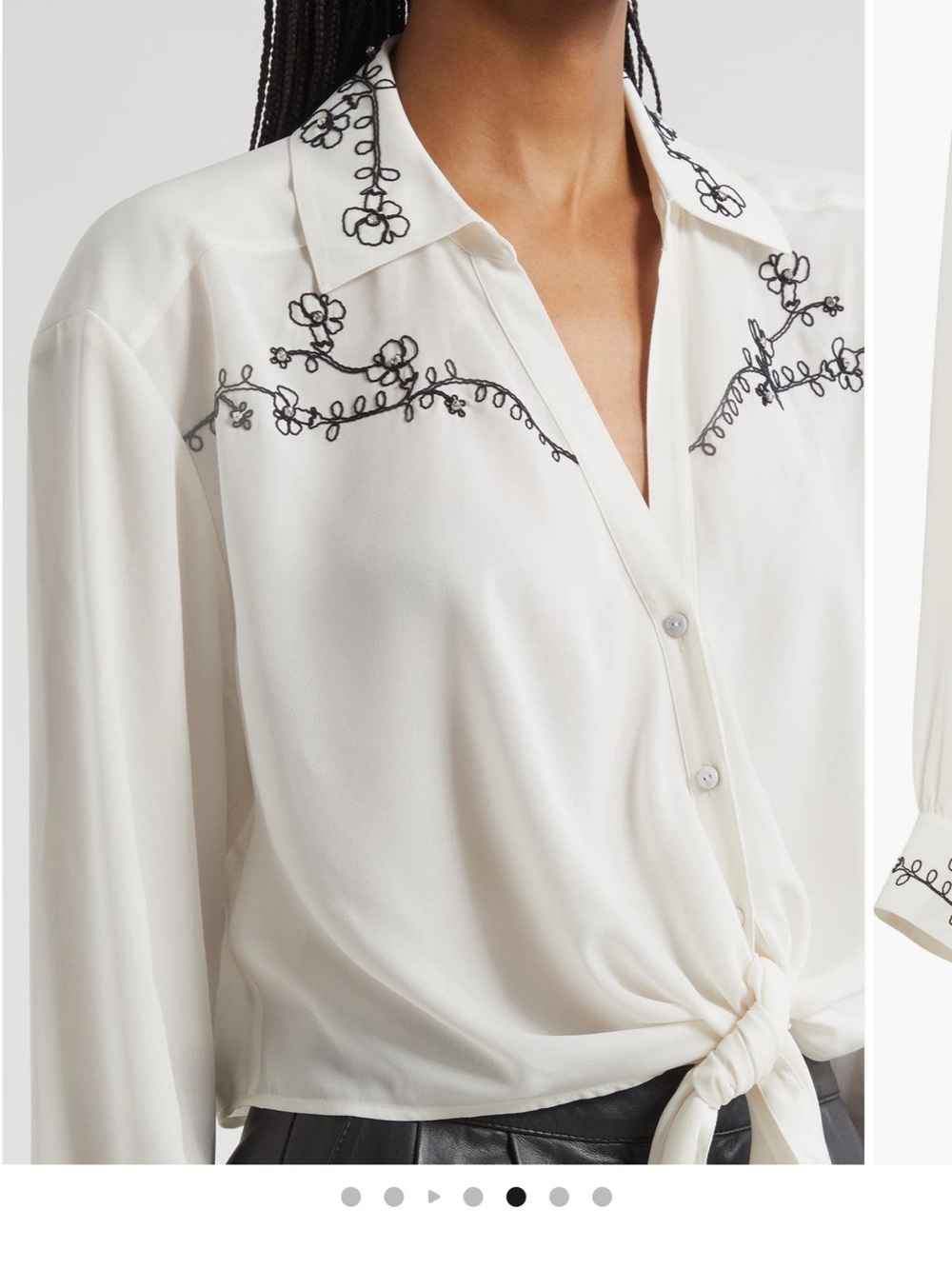 cinq a sept Cream Button-Front Tie Blouse with Black Floral Embroidery
